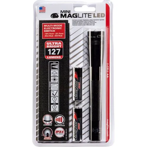 Maglite Mini-Mag LED 2AA Mini-Taschenlampe - Taschenlampen mit Multimode-Drehschalter, kompakt, leicht und ideal für Notfälle. Mit 4 Modi, bis zu 25 Std. Leuchtdauer und einstellbarem Lichtfokus.