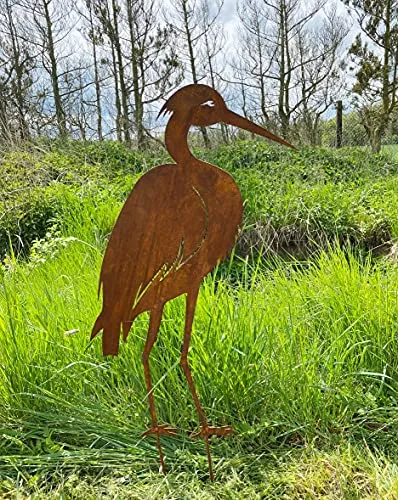 Reiher stehend 75x45cm + Stäbe Gartenstecker Edelrost Gartendeko Wetterfest Rost Teichdeko Metall Kranich Storch von Steinfigurenwelt