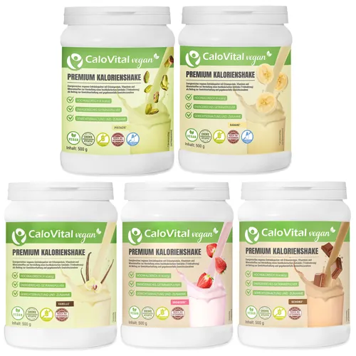 CaloVital Hochkalorische Trinknahrung Vegan - 5er SPARSET - Hochkalorische Trinknahrung Vegan für den schnellen Kalorienaufbau. Ideal als nahrhafte Zwischenmahlzeit mit wertvollen Vitaminen und Mineralstoffen. Erhältlich in 5 leckeren Geschmacksrichtungen!