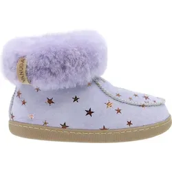 Vanuba Kinder Hausschuhe Peppin in Gr. 26-35, lilafarbenes Leder mit Sternen, Handmade Hüttenschuhe aus natürlichem Lammfell- Gr. 28 EU - 28