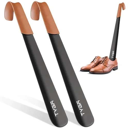TYGA STORE Schuhlöffel aus Metall mit 42 cm langem Griff, Schuhhorn mit Lederriemen für Männer, Frauen und Kinder, schwarz, Large