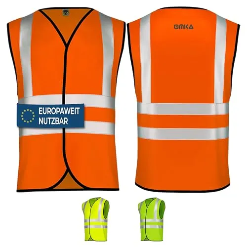OMKA Warnweste Set – Sicherheitswesten Neonfarben mit 360° Reflexstreifen – Auto Pannenweste für Kinder & Erwachsene mit Klettverschluss (4, Neon Orange, XXL)