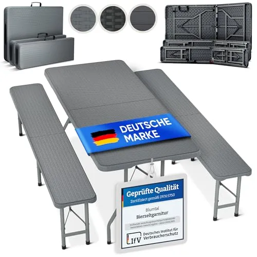 Blumtal Bierzeltgarnitur 3er Set - Klappbar und Transportabel - Esssets für die Terrasse: Praktisches 3er Set mit 2 Bierbänken und 1 Biertisch, perfekt für 8 Personen, wetterfest und mit Tragegriffen für einfachen Transport.