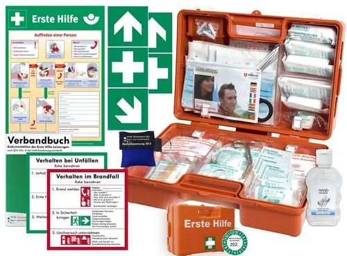 WM-Teamsport Erste-Hilfe-Koffer M DIN 13157 mit Hygiene-Gel - Praktischer Erste-Hilfe-Koffer in Orange, inkl. Beatmungshilfen und Hygiene-Gel. Ideal für den Einsatz im Sportbereich und bei Veranstaltungen.