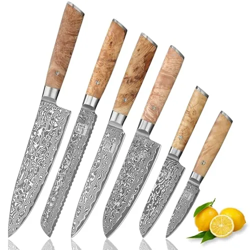 zayiko Kinone Premium 6er Damastmesser-Set - Kochmesser Set aus 67 Lagen Damaststahl mit ergonomischem Wurzelholzgriff für ermüdungsfreies Arbeiten. Jedes Messer ist ein Unikat und ideal als Geschenk für Kochliebhaber.