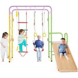 COSTWAY 8-in-1 Klettergerüst für Kinder - Vielseitiges Indoor-Klettergerüst mit Kletterwand, Rutsche und Schaukel. Fördert Spiel und Bewegung für Kinder ab 3 Jahren. Robustes Design für Sicherheit und Stabilität.