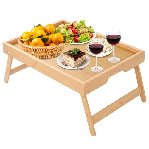 LEKEFETO Betttablett Bambus mit Klappbaren Beinen, Serviertablett für Frühstück im Bett, Frühstückstablett, Laptoptisch, Snack-Tablett, für Bett und Sofa - 40 x 30 x 19 cm