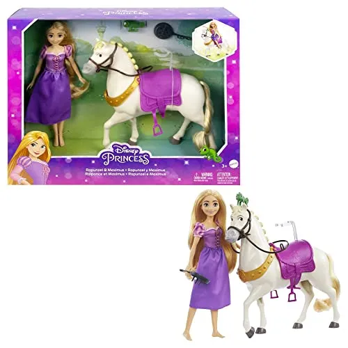 Mattel DISNEY PRINZESSIN Rapunzel Maximus - Puppe und Pferd mit abnehmbarem Sattel, inklusive Pascal-Figur und Bratpfannen-Bürste für kreativen Frisuren-Spaß