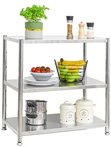 shelfr Edelstahl Regal bis 120kg - 3 Ebenen Schwerlastregal - Standregale aus 100% rostfreiem Edelstahl, belastbar bis 120kg, ideal für Küche oder Vorratsraum, pflegeleicht und hygienisch.