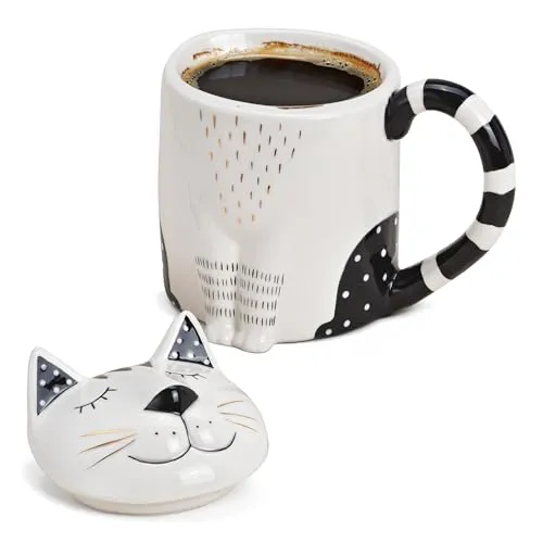Teetasse als Katze in schwarz weiß – Süße Keramik Kaffeetassen in 400ml für Kaffe, Tee, Cappuccino mit Deckel - Außergewöhnliche Tassen als schönes Geschenk