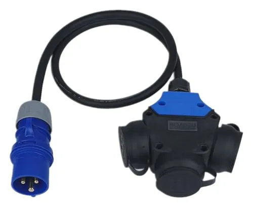 RoadEu – CEE Adapter 16A 3-polig auf 3X Schuko Steckdose – IP44 Verteilerdose mit 3m Kabel 3x2,5mm² – Camping & Baustellen Stromverteiler – Starkstrom Adapter für Wohnmobil & Outdoor