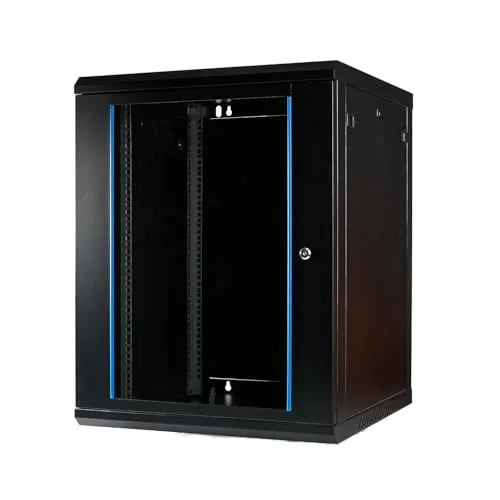 Netzwerkschrank 19 Zoll 15HE I 600 mm Tiefe I Serverschrank Schwarz I Wandmontage I abschließbare Glastür I voll montiert I 100 kg Traglast I 600×450×770 mm (Schwarz - 60cm, 15HE)
