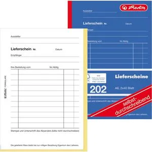 Herlitz Lieferscheinbuch 202 - A6, selbstdurchschreibend - Formularbuch A6 für Liefer- und Empfangsscheine, 2 x 40 Blatt mit Micro-Perforation und stabiler Klebebindung. Ideal für professionelle Dokumentation im Büro.