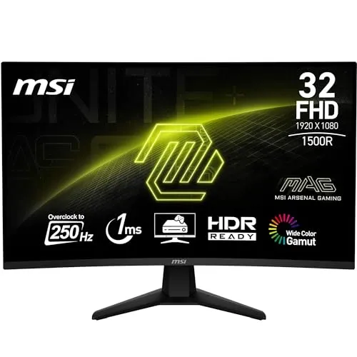 MSI MAG 32C6X 31.5'' Full HD VA LED Monitor - Gaming Monitor mit 180 Hz Bildwiederholrate, 1 ms Reaktionszeit und gebogenem Design für ein beeindruckendes Spielerlebnis und lebendige Farben.