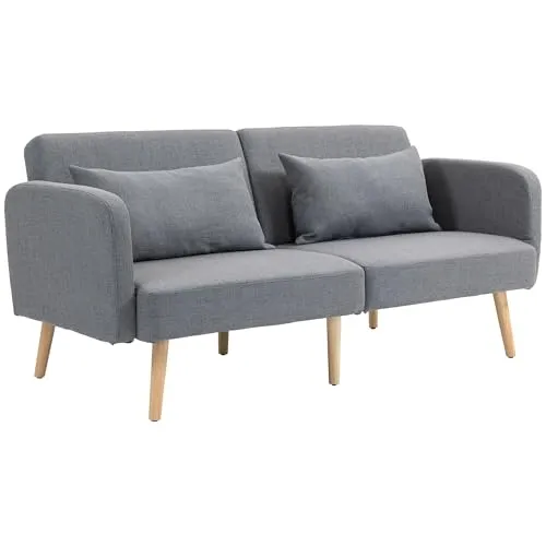 HOMCOM Schlafsofa mit Bettfunktion, Grau - Vielseitiges 2-Sitzer Klappbett mit verstellbarer Rückenlehne, ideal für kleine Räume und Übernachtungsgäste. Stilvolle Leinenoptik und zwei Wurfkissen sorgen für zusätzlichen Komfort.