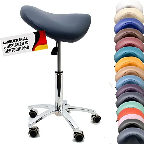 Promafit Sattelhocker/Sattelstuhl mit Gummirollen für alle Böden und Metallfuß - ergonomisch - stufenlos höhenverstellbar - viele Farben - 360° drehbar (Taubenblau, Ohne Fußring)