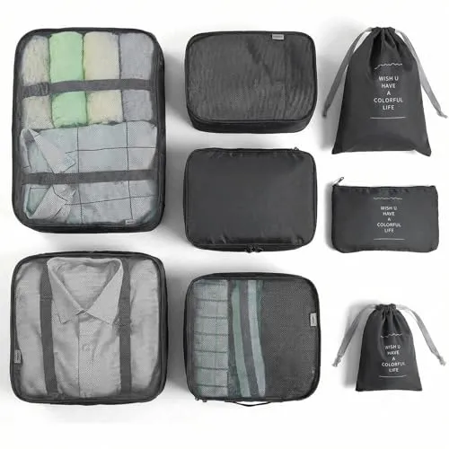 BillyBath 8-teiliges Koffer Organizer Set & Packwürfel | Platzsparende Packing Cubes für Kleidung. Perfekter Kofferorganizer mit Netzdesign, leichtes Reise Zubehör,Schwarz