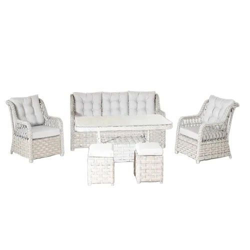 Moderne Gartenmöbel Sofagarnitur mit Tisch und Hockern - Lounge Set aus weißem Rattan für bis zu 7 Personen. Inklusive 3-Sitzer Sofa, Sessel und Hocker. UV-geschützt und wasserresistent – ideal für entspannte Stunden im Freien.