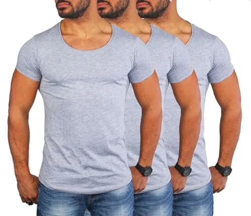Young & Rich Herren Uni T-Shirt Vintage Look - Grau Melange (3er Pack) - Körperbetontes Herren T-Shirt mit tiefem Rundhals, ideal für Alltag, Sport und Business. Der trendige Vintage Look und das weiche Material sorgen für hohen Tragekomfort und vielseitige Kombinationsmöglichkeiten.