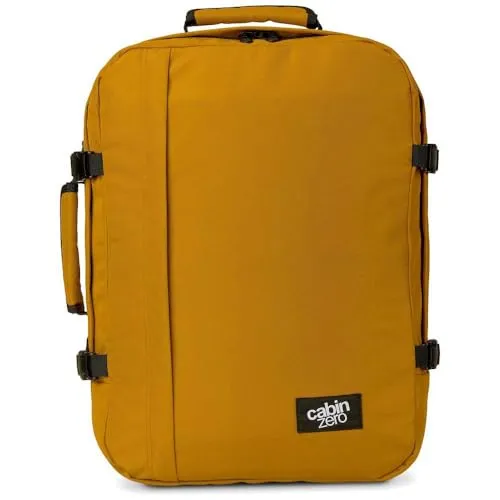 CabinZero Handgepäck in Senffarben - Rucksack mit eingebautem Okoban-Global-Luggage-Tracker, gepolsterten Schultergurten und wasserfestem Material – ideal für Reisen.