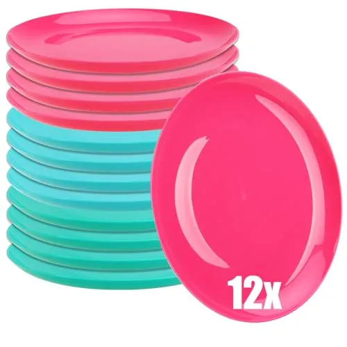 com-four® 12x Teller - wiederverwendbare Kunststoffteller in bunten Farben - bruchfeste, leichte Mehrzweckteller für Camping, Gartenparty, Picknick & Alltag (12 Stück - grün/türkis/pink)