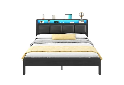KIMENICH Polsterbett mit RGB-LED-Beleuchtung und Ladestation, 140x200cm - Modernes Polsterbett mit RGB-LED-Beleuchtung und praktischem Kopfteilfach. Ideal für stilvolle Schlafzimmer. Inklusive Zubehör und Anleitung für einfache Montage.