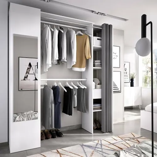 Dmora Kleiderschrank Rigi - Offene Garderobe in Weiß und Anthrazit - Kleiderschrank Rigi, 177x52h205 cm, bietet viel Stauraum mit einem modernen Design und praktischem Vorhang für Staubschutz – ideal für Schlafzimmer, Kinderzimmer oder Gästezimmer.