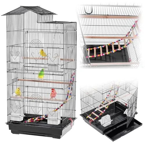 KADAX Vogelvoliere 46 x 36 x 100 cm, Vogelkäfig mit Sitzstangen, Leiter, Schaukel & Futternäpfen, Vogelhaus aus Metall, großer Käfig für Wellensittiche, Papageienkäfig