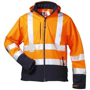 Warnschutz Softshell Jacke - Gr. XL - orange/marine - Arbeits- & Schutzkleidung mit hoch abriebfestem Softshellmaterial, wasserdichten Reißverschlüssen und abnehmbarer Kapuze für optimalen Tragekomfort und Sichtbarkeit.