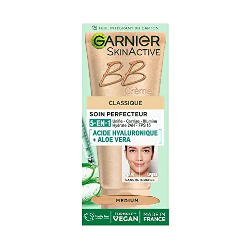GARNIER Skin Active – BB Creme – All-in-1-Perfektionspflege – Einheitlich, mattiert & spendet Feuchtigkeit, LSF 25, Hyaluronsäure & Aloe Vera, Vegan & Cruelty Free – für Mischhaut bis fettige Haut –