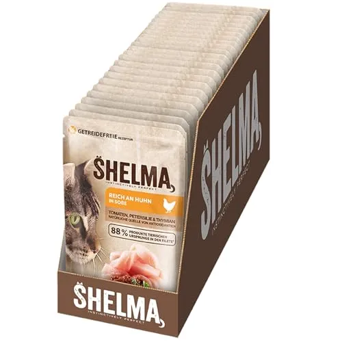 Shelma Katzen-Nassfutter mit Huhn in Sauce mit Tomaten und Kräutern – Getreidefreies Alleinfuttermittel mit hohem Fleischanteil – 28 x 85 g (2,38 kg)