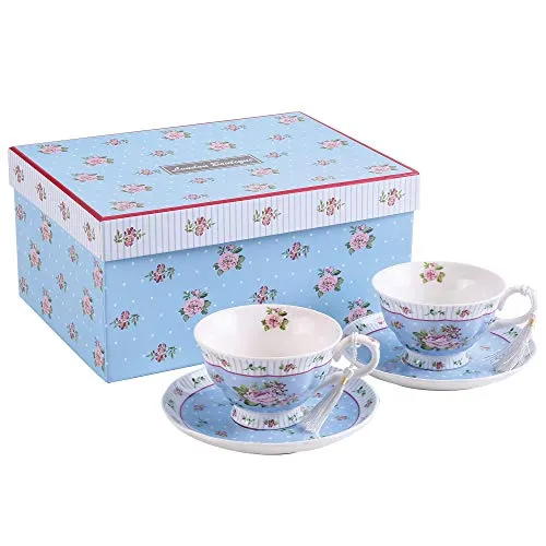 London Boutique Kaffeetassen und Untertassen, Set mit 2 Vintage-Blumen, Blumen, Rosen, Lavendel, Geschenkbox (blaues Set 2)