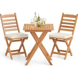 COSTWAY 3-teiliges Balkonmöbel Set aus Akazienholz mit 2 Klappstühlen und Bistrotisch