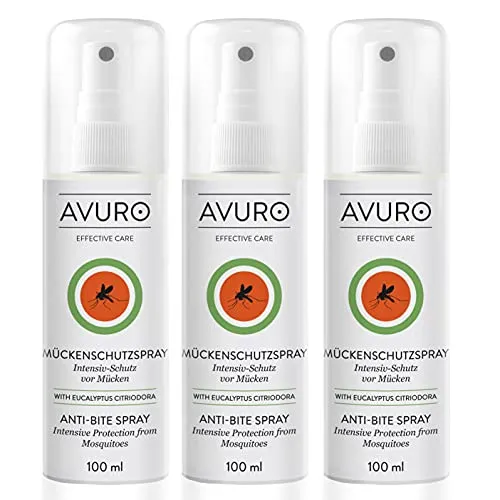 AVURO Mückenschutz Spray 3x100ml, langanhaltender Schutz vor Insekten, 100% pflanzlicher Wirkstoff Eucalyptus Citriodora Öl, DEET-frei