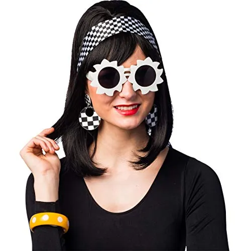 Verrücktes 60er-Jahre Accessoires-Set mit Brille, Ohrringen, Tuch & Armreif | Weiß-Schwarz & Gelb | Ausgefallenes Damen-Kostüm-Zubehör Vintage Karo-Muster | Perfekt geeignet für Mottoparty & Fasching