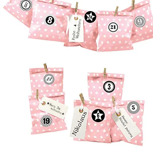 Frau WUNDERVoll® DIY Adventskalender zum Befüllen Bescherung: Set Stern 110, Papiertueten flach 13x16,5cm, rosa Stern, Ziffern grau