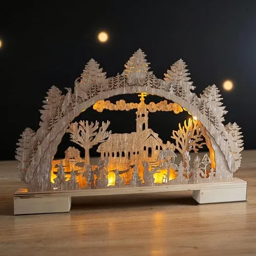 Holz Schwibbogen Winterdorf mit 10 LED - Weihnachts Lichterbogen 40 cm - Stimmungsvolles Winterdorf aus Holz mit 10 warm weißen LEDs. Ideal für festliche Dekoration im Innenbereich. Größe: 40 x 27 cm, batterie betrieben (2x AA, nicht enthalten).