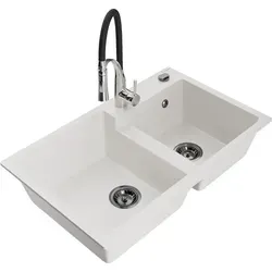 Mexen Tomas 2-Becken-Granitspüle mit Mischbatterie Aster, Weiß