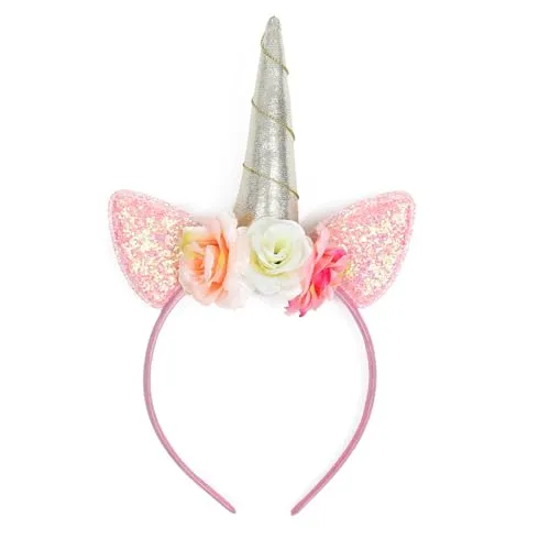 ZADAWERK® Haarreif - Einhorn - Rosa - mit Glitzerohren und Blumen - Kinder - Geburtstag - Mitgebsel - Party - Cosplay - JGA