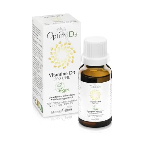 Vitamin D3 Tropfen Nahrungsergänzungsmittel Kinder - Baby - Erwachsene - Schwangere | 500 IE pro Tropfen - Flasche 20ML | Pflanzliches Vitamin D Flechte - Kokosöl | Optim D3