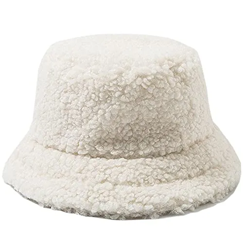 DURINM Appa Hat Damen Fischerhut Winter Appa Bucket Hat Outdoor Wintermütze Lämmer Freizeithut Fluffy Eimer Hut Kunstpelz Flauschige Fischerhüte Faltbar Verdickt Warm Mütze (Weiß)