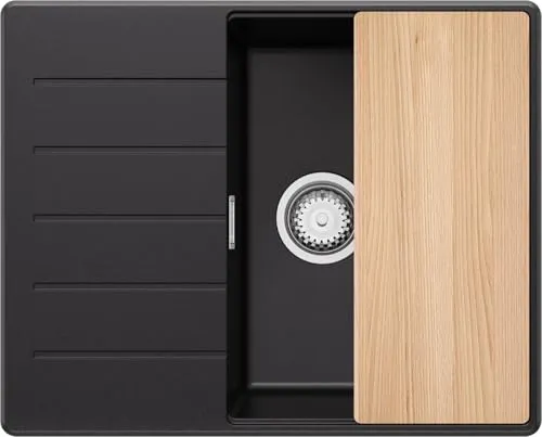 PRIMAGRAN Spülbecken Schwarz 62x50cm, Granitspüle 1 Becken + Ablauf-Set + Schneidebrett, Küchenspüle ab 45er Unterschrank - Kopenhagen S210