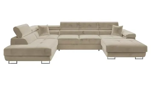 MIRJAN24 Wohnlandschaft Torezio Bis – U-Form mit Bettkasten und Schlaffunktion - Elegante Wohnlandschaft in Manila 02, bietet optimalen Komfort mit verstellbaren Kopfstützen und großzügigem Bettkasten – perfekt für entspannte Abende und Gästeübernachtungen.