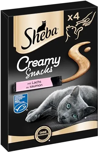 SHEBA Creamy Snacks mit Lachs für Katzen, 20 Beutel à 12g - Besonderer Katzen-Snack mit feinem Lachs in cremiger Konsistenz. Praktische Beutel sorgen für einfache Fütterung und gemeinsame Momente. Ideal als Leckerbissen, bis zu einem Beutel täglich.
