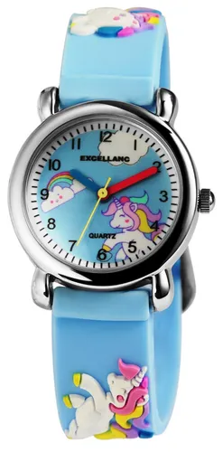 Excellanc Armbanduhr Quarzuhr Kinder Mädchen Uhr Silikonband Einhornmotiv Blau
