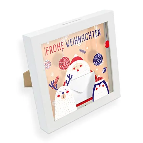 itenga Geldgeschenk I Spardose I Frohe Weihnachten Figuren I Gutschein I Bilderrahmen zum Befüllen I Geschenkverpackung I inkl. Einleger und Mini-Briefumschlag zum Dekorieren