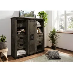 Massivmoebel24 Highboard RAILWAY - Highboard aus massivem Mangoholz, grau lackiert, mit flexibler Schiebetür für individuellen Stauraum und 11 Regalfächern sowie 4 Schubladen – ideal für stilvolle Wohnräume.