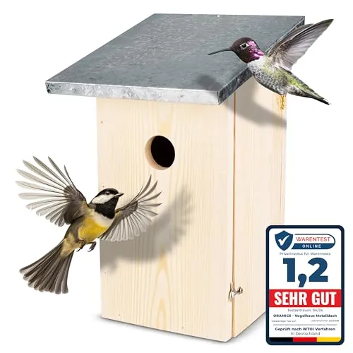 Oramics Nistkasten Vogelhaus aus Kiefernholz mit wasserdichtem Metalldach – Wetterfestes Vogelnisthaus zum Aufhängen für Wildvögel & Gartenvögel – Langlebig für Garten & Terrasse (1 Stück)