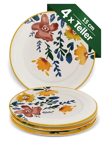 Lashuma Speiseteller Keramik bunt, 4er Teller Set 15 cm Ø, Vorspeisenteller klein Blütenfest