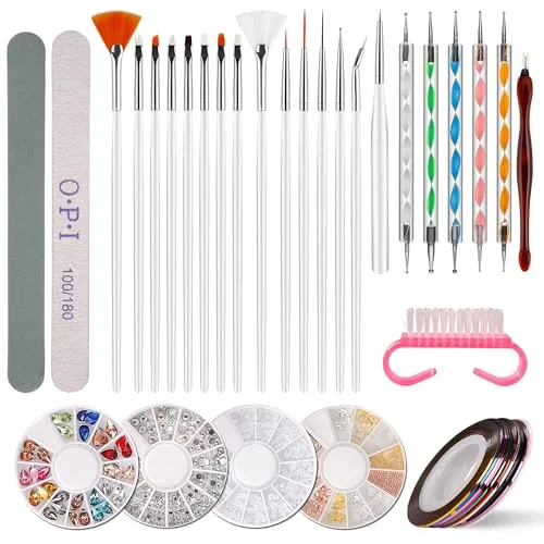 Nail Art Dekorationen & Nagelpinsel Set, Nageldesign Zubehör, Nagelset 5 Stk 2 Wege Punktierung Stift, 15 Malerei Polnisch Pinsel Set, 10 Streifenband, 4 Boxen Bunte Nagel Rhinestones Dekoration